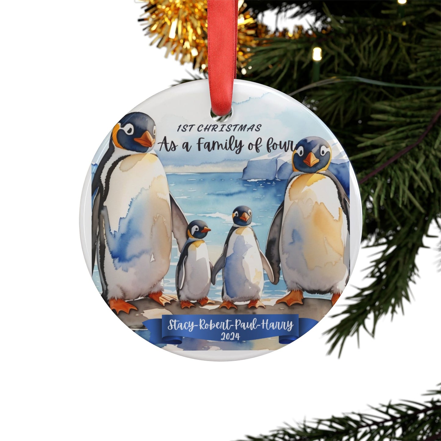 Penguin Custom Christmas Ornament for a family of four Mommy and Daddy two Child, Christmas Penguin Ornament