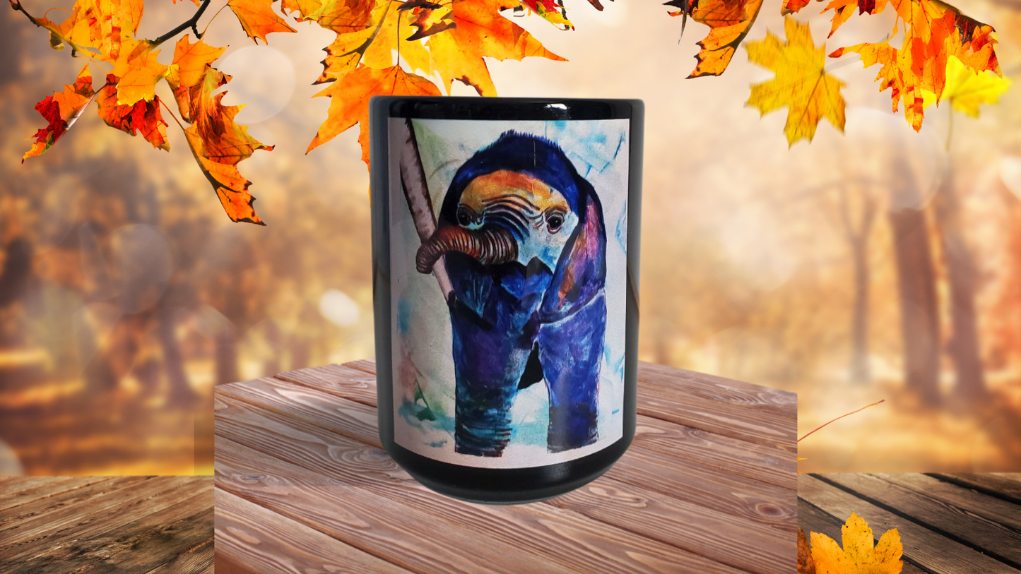 Elephants, Nature-Inspired Art Wildlife Painting Elephant Family Decor Black Mug, 15oz