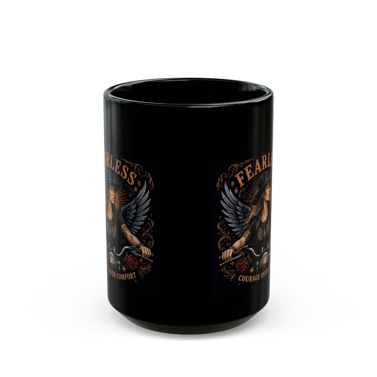 Fearless Biker Angel Black Mug – "Courage Over Comfort" 11oz/15oz