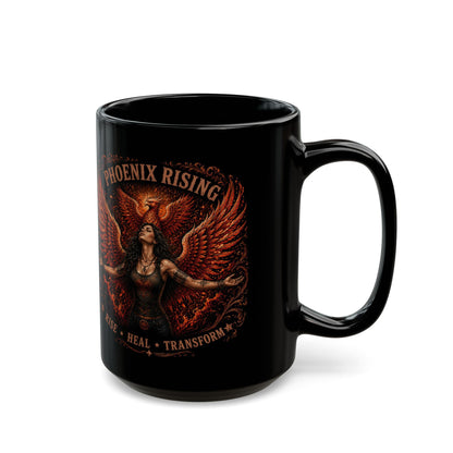 Phoenix Rising Black Mug – Inspirational ‘Rise • Heal • Transform’ Coffee Cup (11oz/15oz)