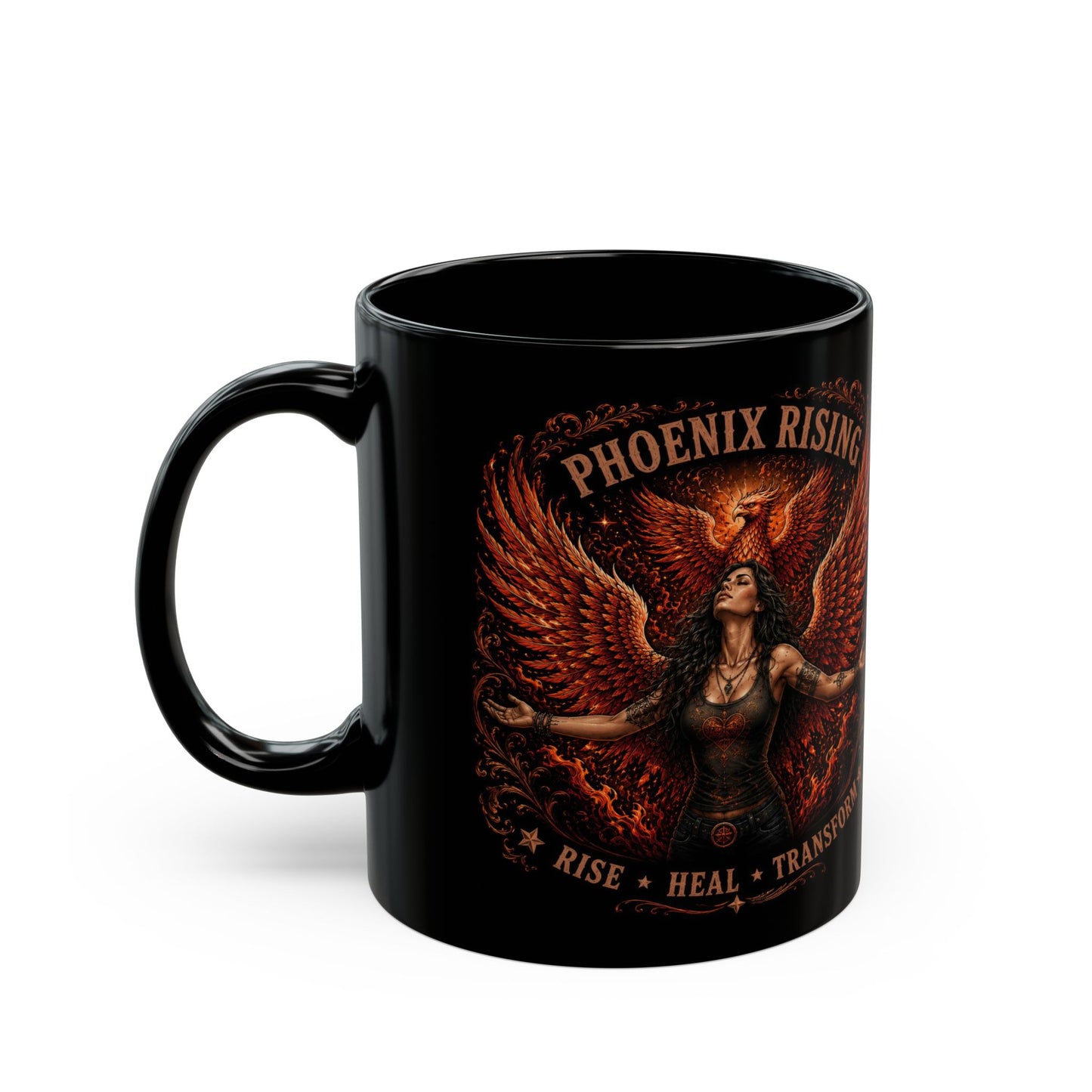 Phoenix Rising Black Mug – Inspirational ‘Rise • Heal • Transform’ Coffee Cup (11oz/15oz)