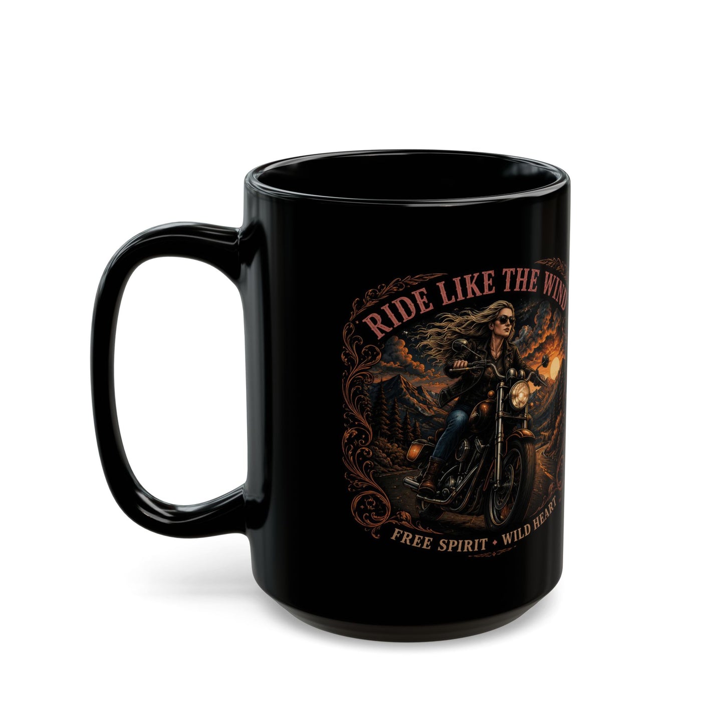 Ride Like the Wind Black Mug — Motorcycle Rider Coffee Cup (11oz/15oz)