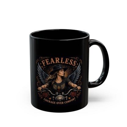 Fearless Biker Angel Black Mug – "Courage Over Comfort" 11oz/15oz
