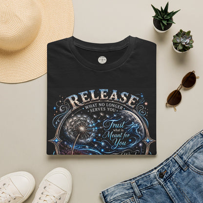 Motorcycle apparel  Release Tee- What No Longer Serves You -T‑Shirt  for Women— Ride Breathe release Trust What Is Meant For You Spiritual Tee