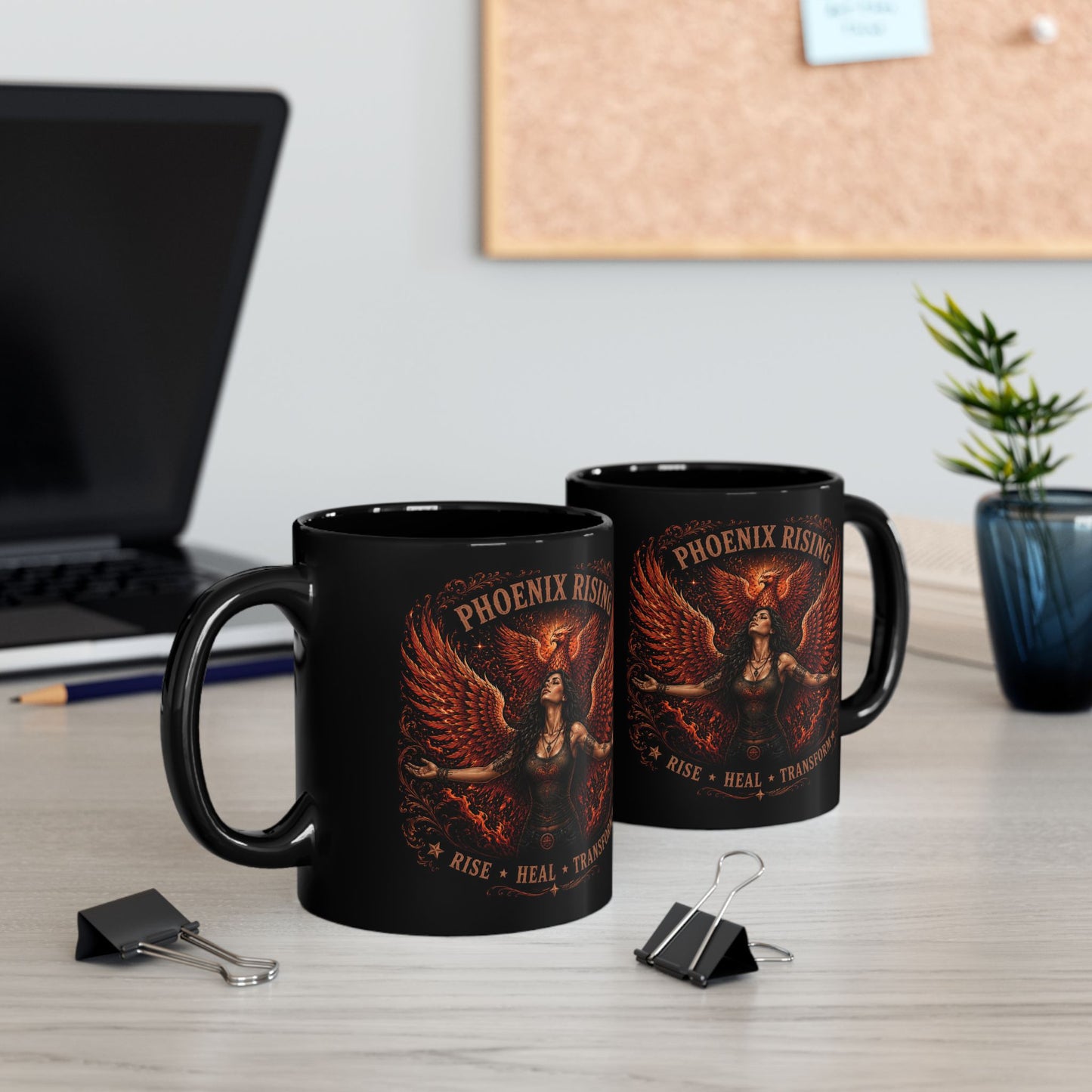 Phoenix Rising Black Mug – Inspirational ‘Rise • Heal • Transform’ Coffee Cup (11oz/15oz)