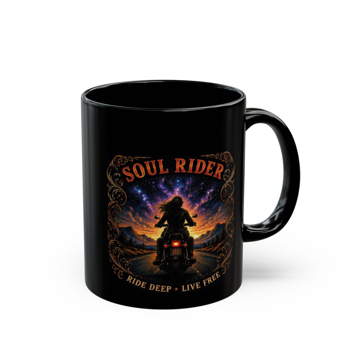 Soul Rider Motorcycle Mug — "Ride Deep • Live Free" Black Coffee Cup (11oz/15oz)