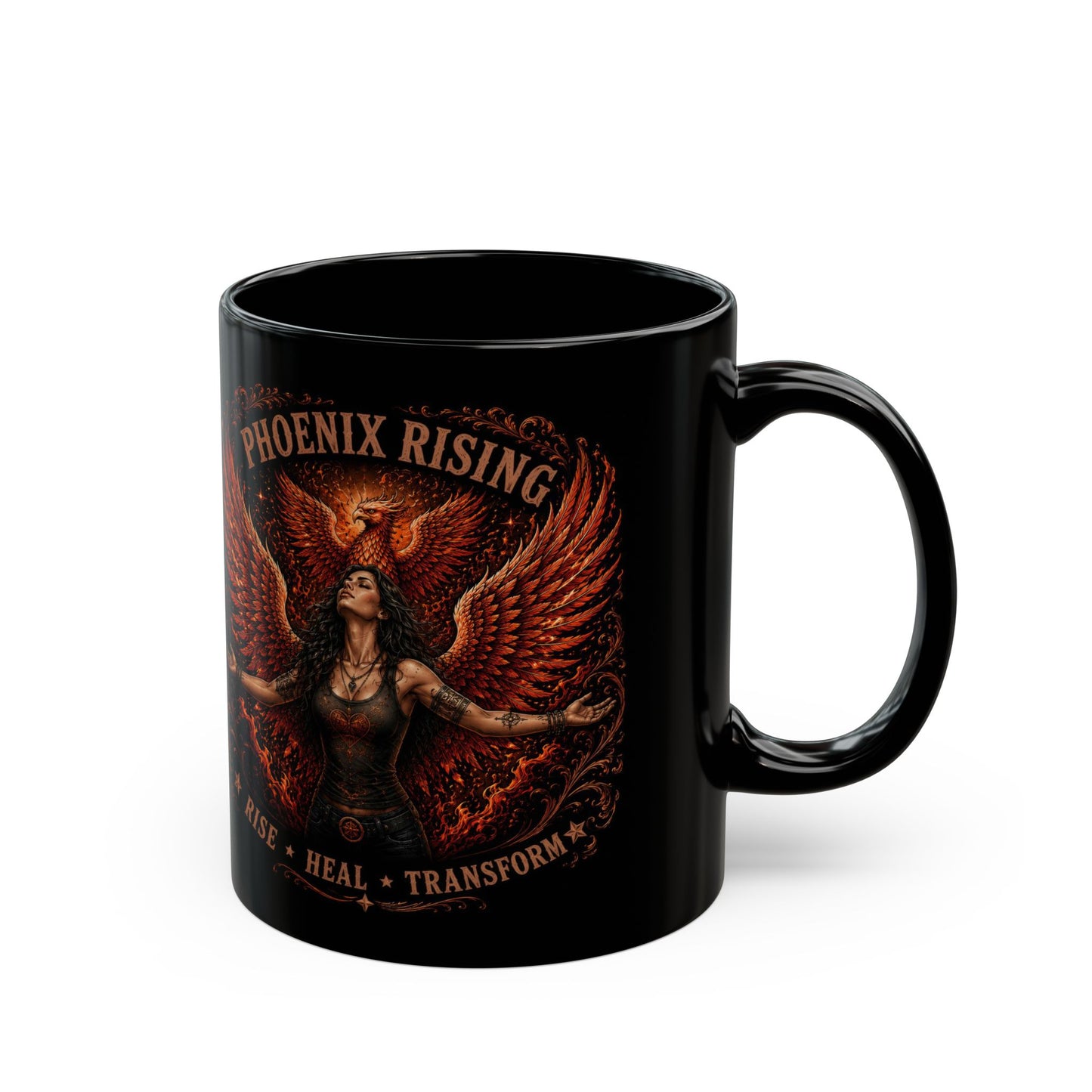 Phoenix Rising Black Mug – Inspirational ‘Rise • Heal • Transform’ Coffee Cup (11oz/15oz)
