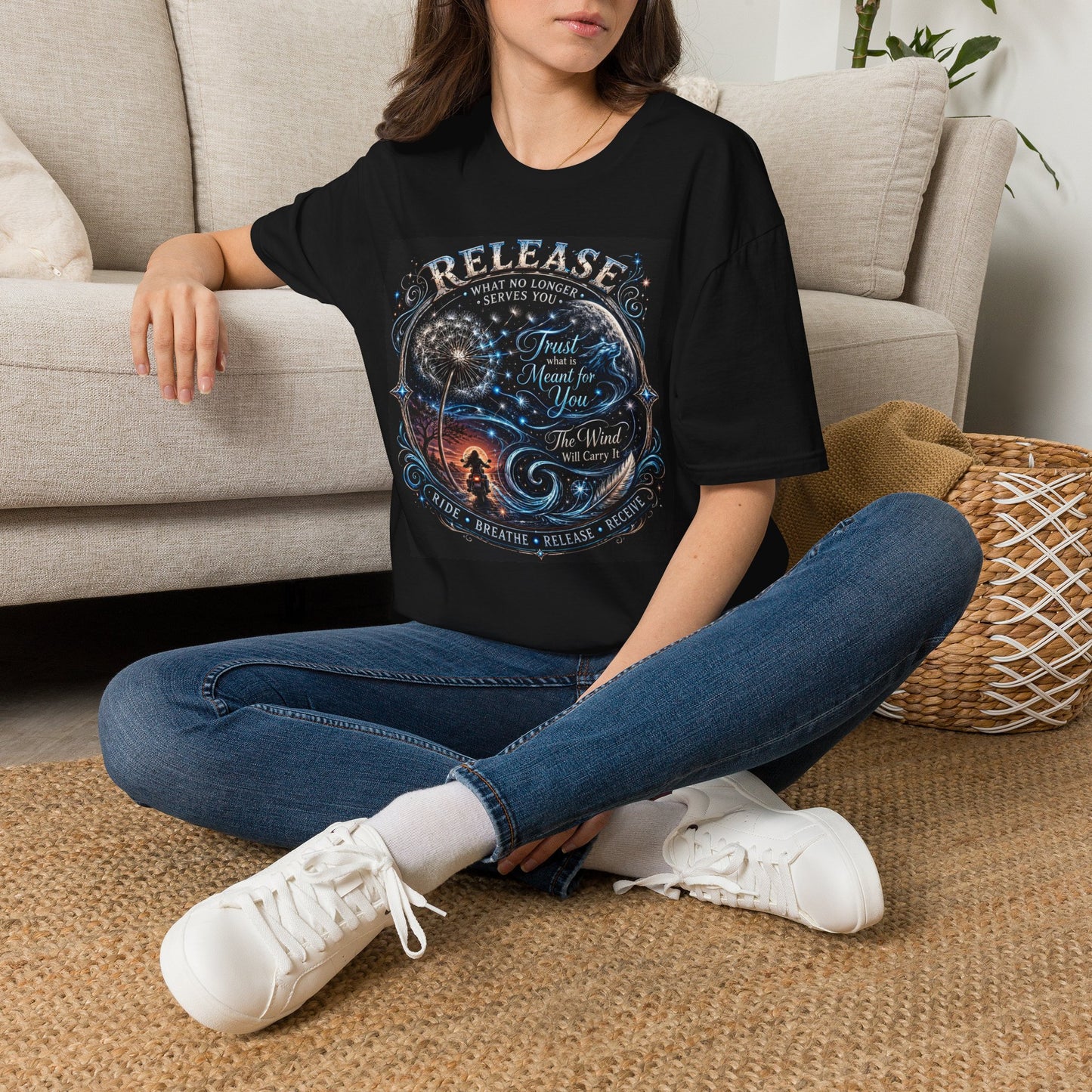 Motorcycle apparel  Release Tee- What No Longer Serves You -T‑Shirt  for Women— Ride Breathe release Trust What Is Meant For You Spiritual Tee