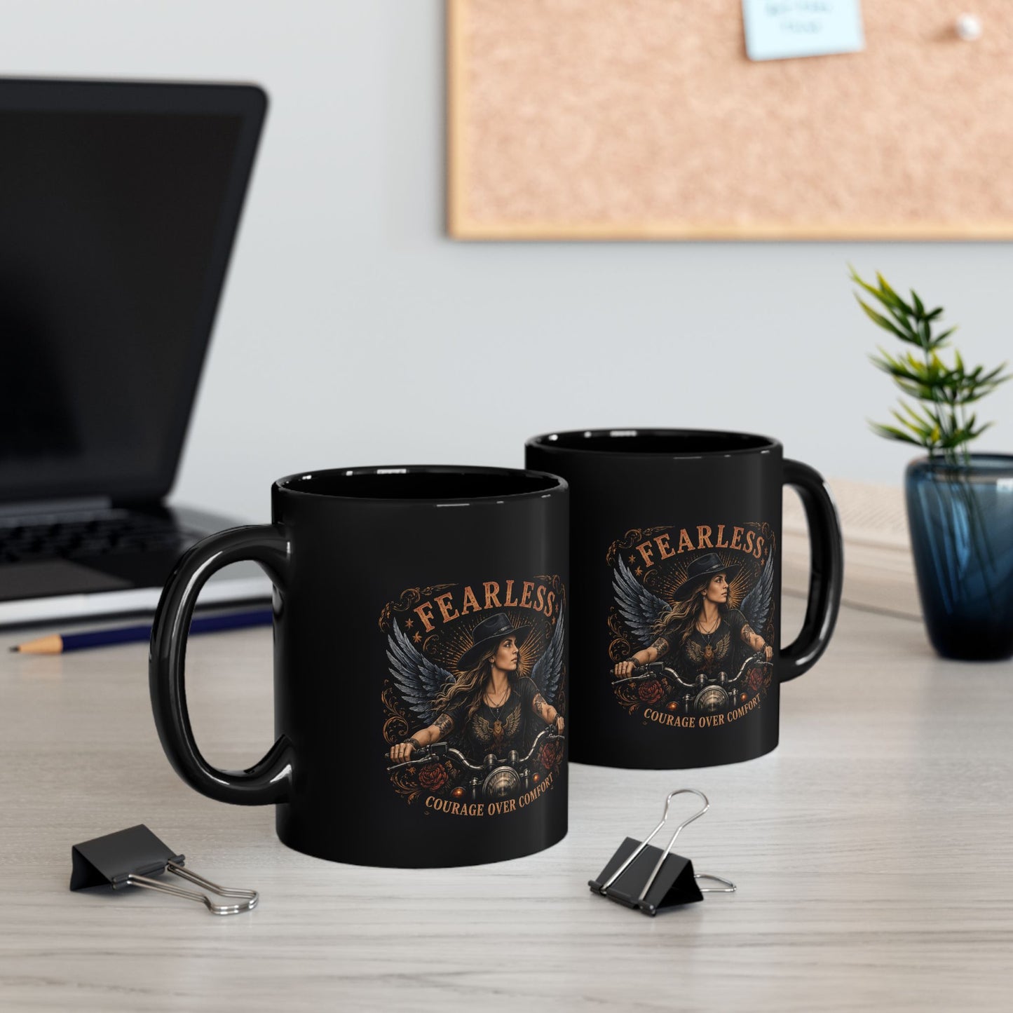 Fearless Biker Angel Black Mug – "Courage Over Comfort" 11oz/15oz