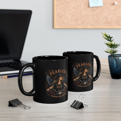 Fearless Biker Angel Black Mug – "Courage Over Comfort" 11oz/15oz