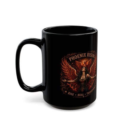 Phoenix Rising Black Mug – Inspirational ‘Rise • Heal • Transform’ Coffee Cup (11oz/15oz)