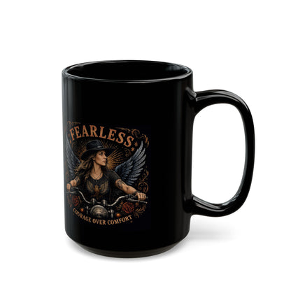 Fearless Biker Angel Black Mug – "Courage Over Comfort" 11oz/15oz