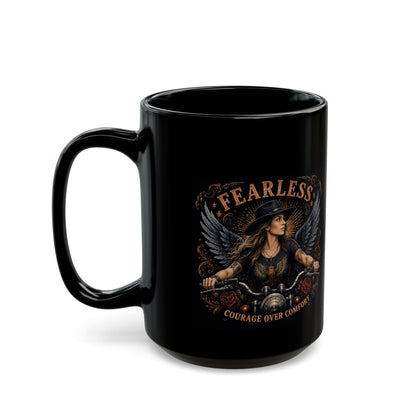 Fearless Biker Angel Black Mug – "Courage Over Comfort" 11oz/15oz