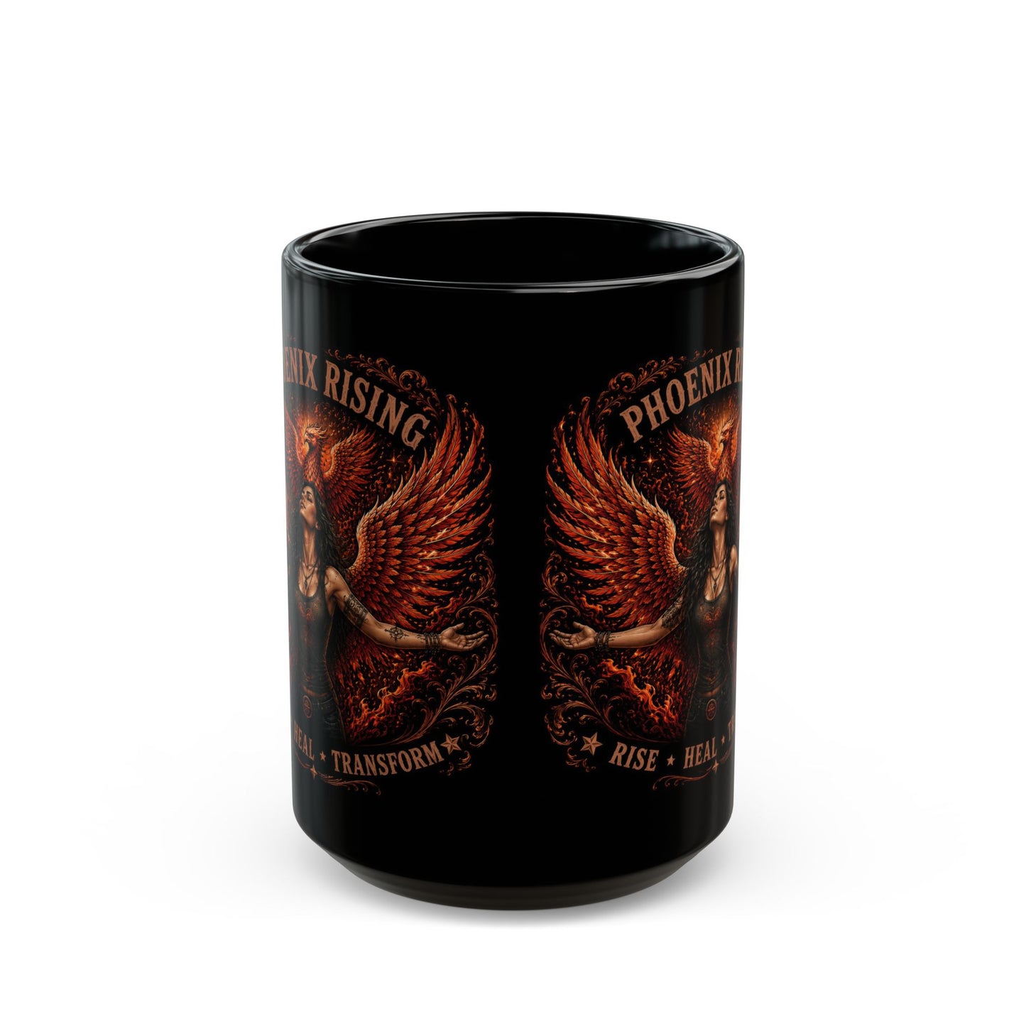 Phoenix Rising Black Mug – Inspirational ‘Rise • Heal • Transform’ Coffee Cup (11oz/15oz)