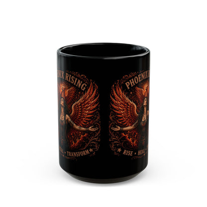 Phoenix Rising Black Mug – Inspirational ‘Rise • Heal • Transform’ Coffee Cup (11oz/15oz)