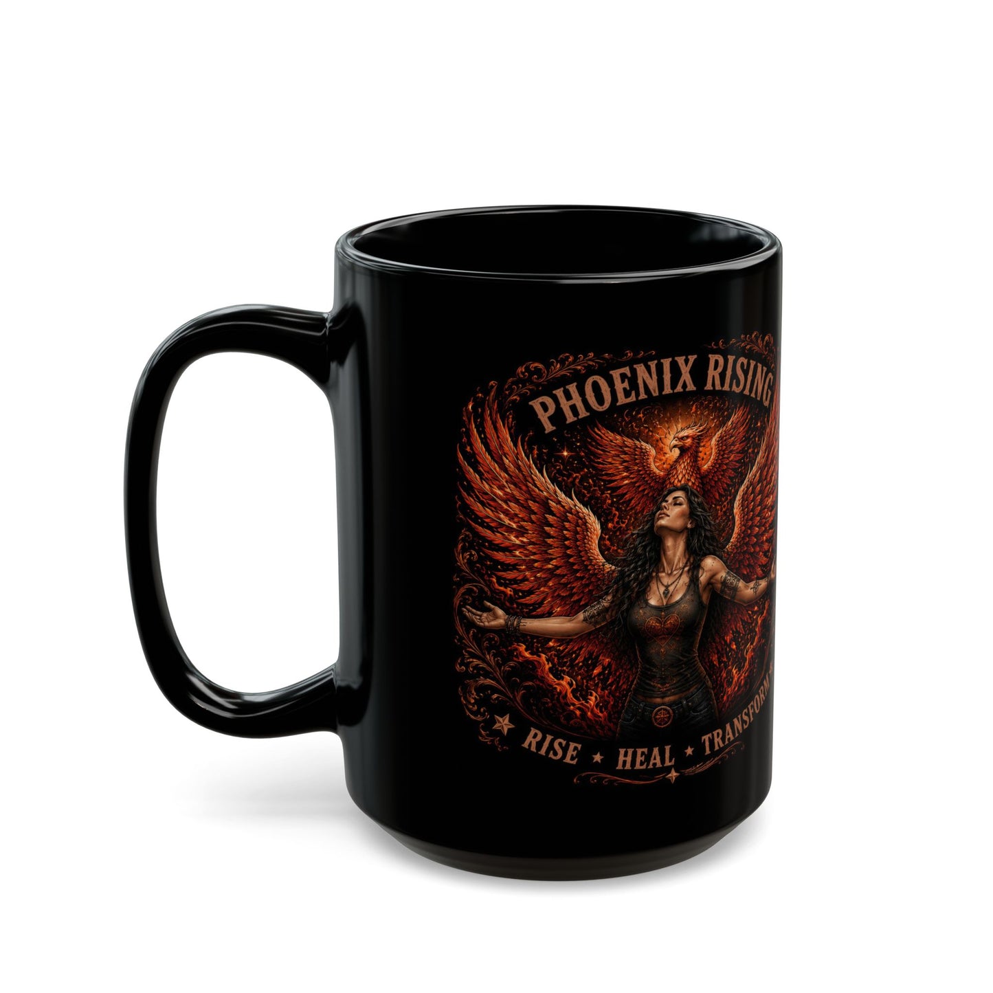 Phoenix Rising Black Mug – Inspirational ‘Rise • Heal • Transform’ Coffee Cup (11oz/15oz)