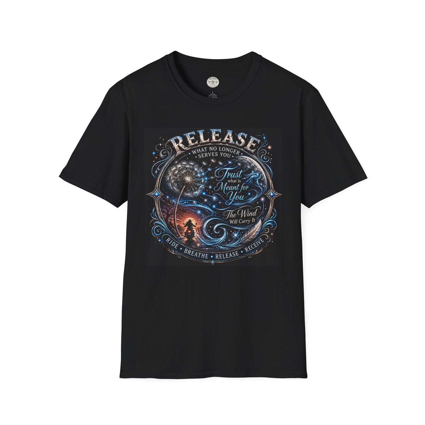 Motorcycle apparel  Release Tee- What No Longer Serves You -T‑Shirt  for Women— Ride Breathe release Trust What Is Meant For You Spiritual Tee