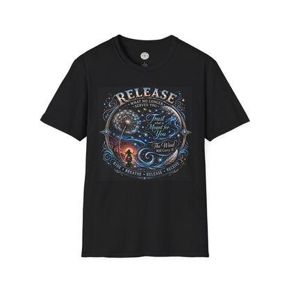 Motorcycle apparel  Release Tee- What No Longer Serves You -T‑Shirt  for Women— Ride Breathe release Trust What Is Meant For You Spiritual Tee