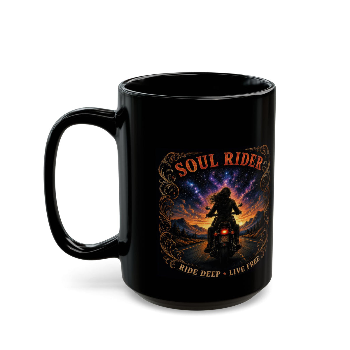 Soul Rider Motorcycle Mug — "Ride Deep • Live Free" Black Coffee Cup (11oz/15oz)