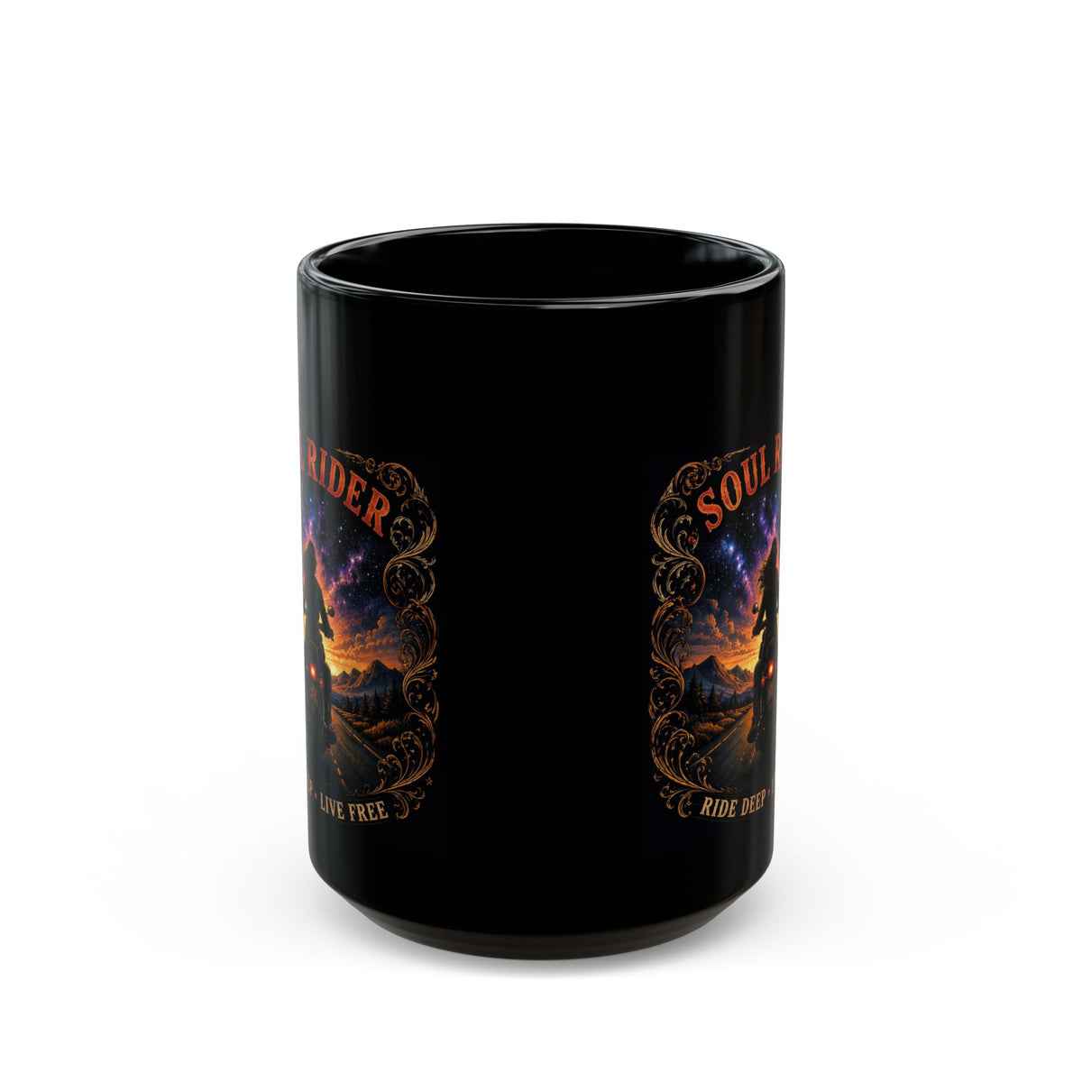 Soul Rider Motorcycle Mug — "Ride Deep • Live Free" Black Coffee Cup (11oz/15oz)