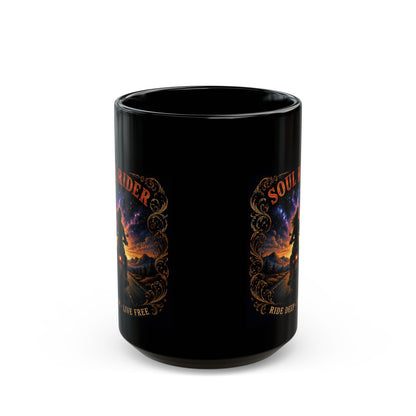 Soul Rider Motorcycle Mug — "Ride Deep • Live Free" Black Coffee Cup (11oz/15oz)
