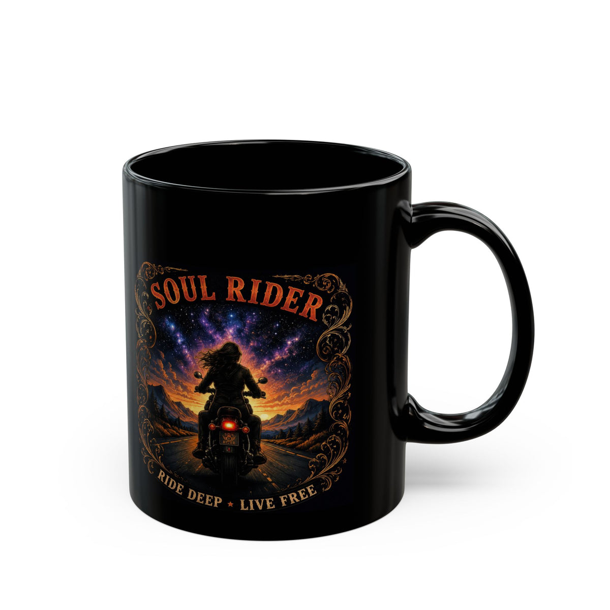 Soul Rider Motorcycle Mug — "Ride Deep • Live Free" Black Coffee Cup (11oz/15oz)