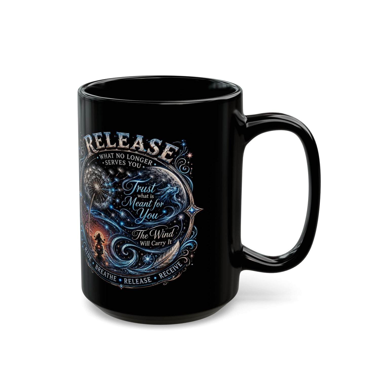 Release Affirmation Mug — Inspirational 'Trust What Is Meant for You' Black Coffee Cup