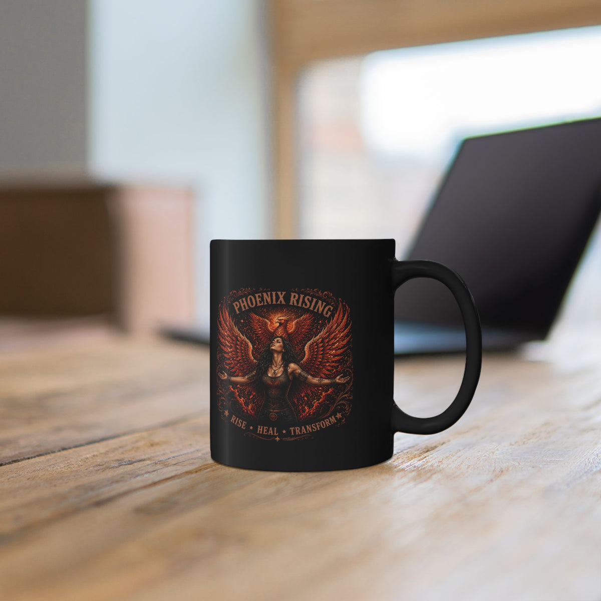 Phoenix Rising Black Mug – Inspirational ‘Rise • Heal • Transform’ Coffee Cup (11oz/15oz)