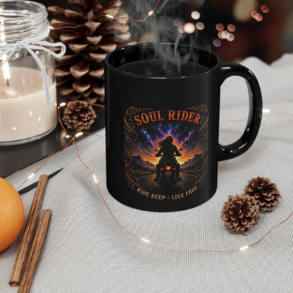 Soul Rider Motorcycle Mug — "Ride Deep • Live Free" Black Coffee Cup (11oz/15oz)