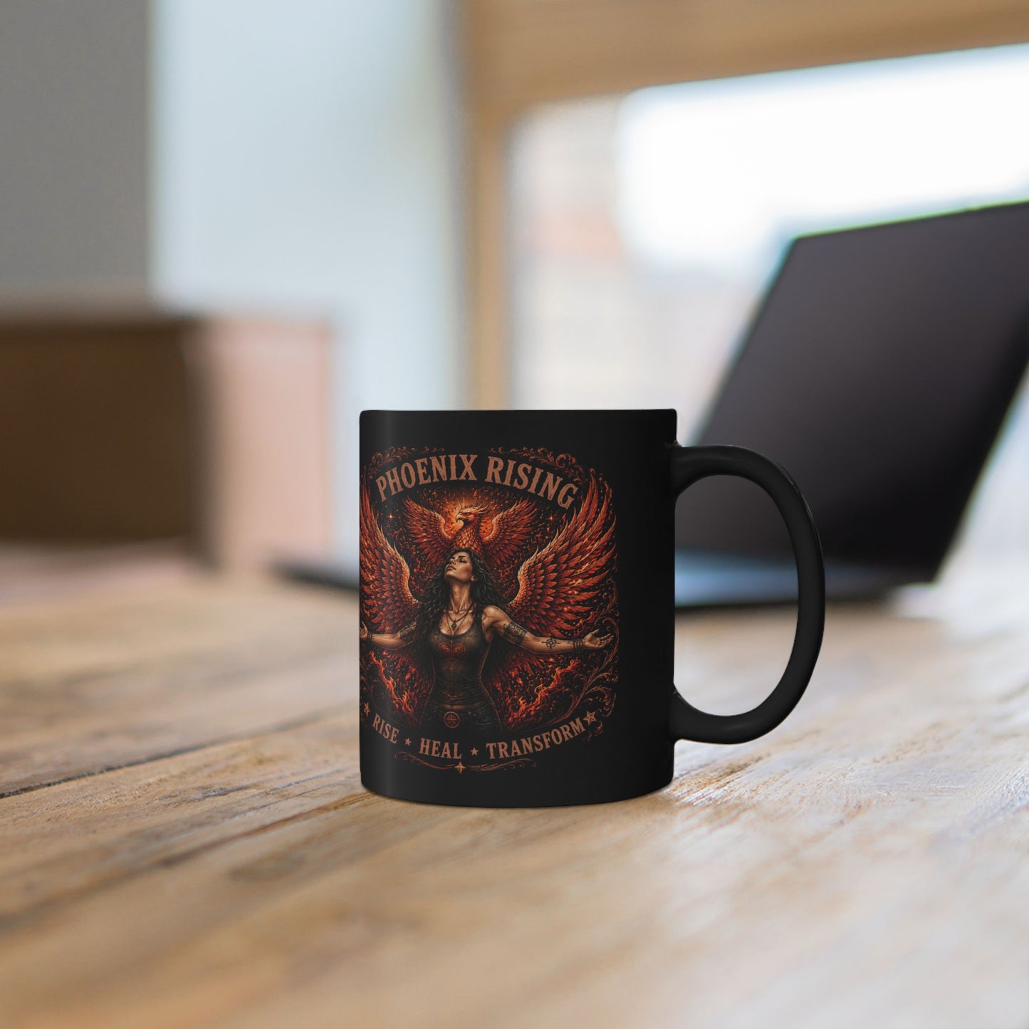 Phoenix Rising Black Mug – Inspirational ‘Rise • Heal • Transform’ Coffee Cup (11oz/15oz)