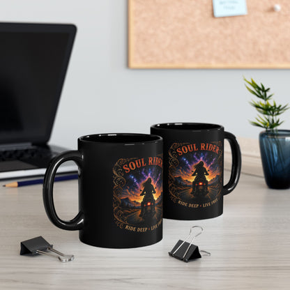 Soul Rider Motorcycle Mug — "Ride Deep • Live Free" Black Coffee Cup