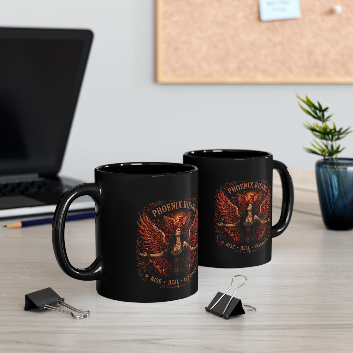 Phoenix Rising Black Mug – Inspirational ‘Rise • Heal • Transform’ Coffee Cup (11oz/15oz)