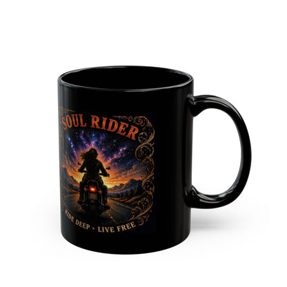 Soul Rider Motorcycle Mug — "Ride Deep • Live Free" Black Coffee Cup