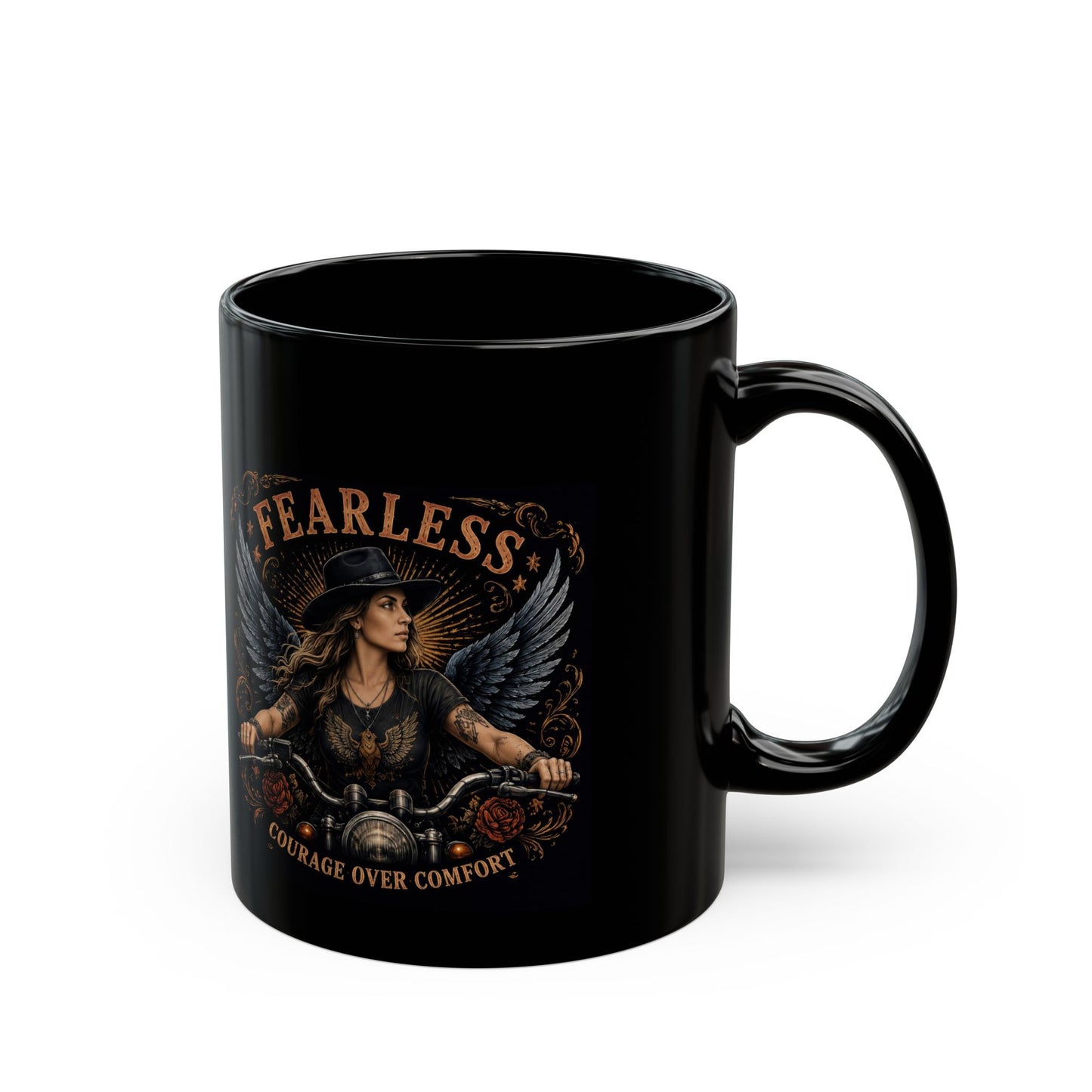 Fearless Biker Angel Black Mug – "Courage Over Comfort" 11oz/15oz