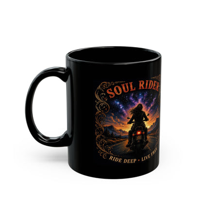 Soul Rider Motorcycle Mug — "Ride Deep • Live Free" Black Coffee Cup