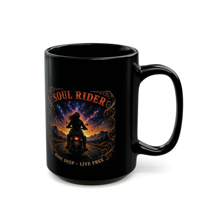 Soul Rider Motorcycle Mug — "Ride Deep • Live Free" Black Coffee Cup (11oz/15oz)