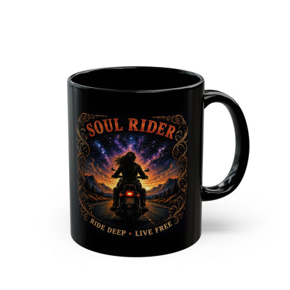 Soul Rider Motorcycle Mug — "Ride Deep • Live Free" Black Coffee Cup