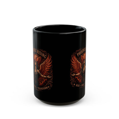 Phoenix Rising Black Mug – Inspirational ‘Rise • Heal • Transform’ Coffee Cup (11oz/15oz)