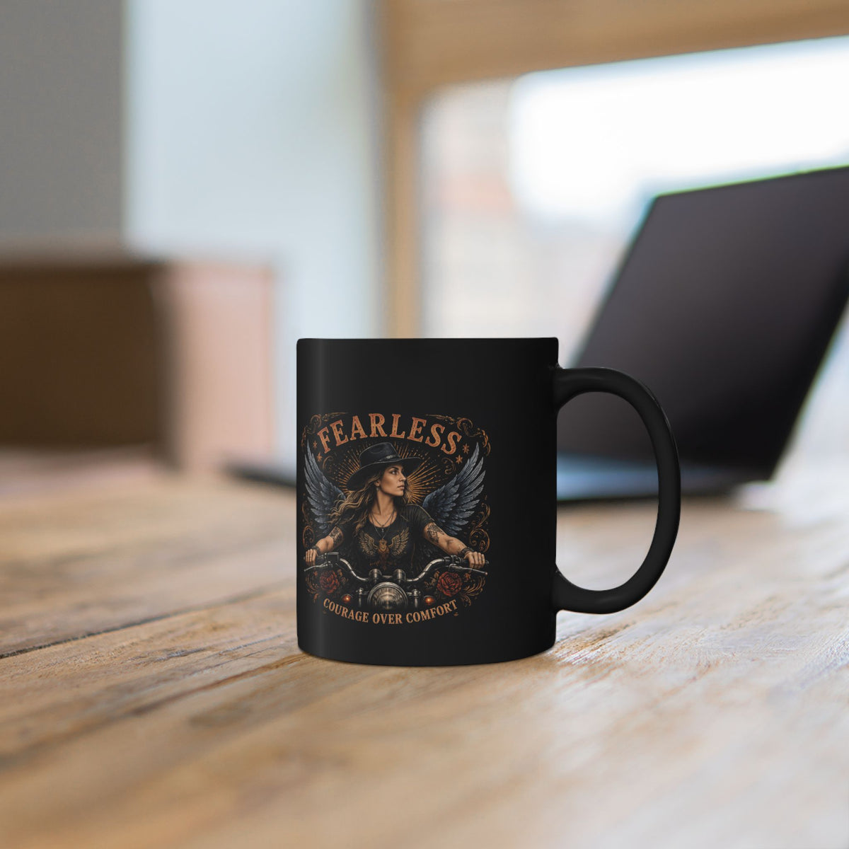 Fearless Biker Angel Black Mug – "Courage Over Comfort" 11oz/15oz