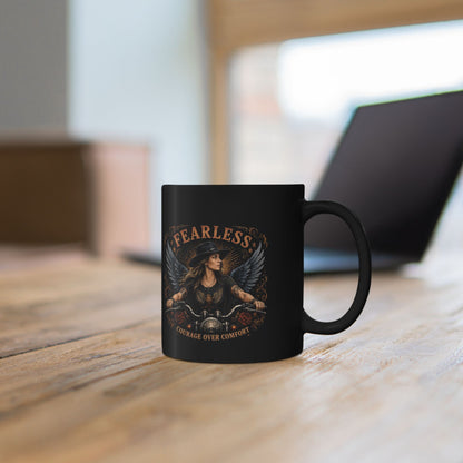 Fearless Biker Angel Black Mug – "Courage Over Comfort" 11oz/15oz