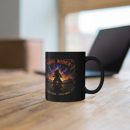 Soul Rider Motorcycle Mug — "Ride Deep • Live Free" Black Coffee Cup