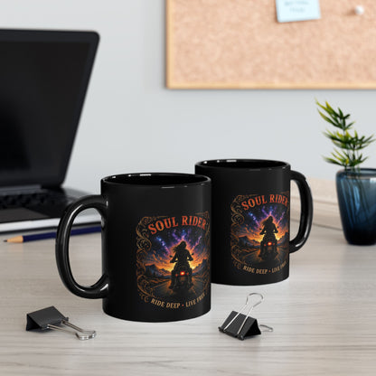 Soul Rider Motorcycle Mug — "Ride Deep • Live Free" Black Coffee Cup (11oz/15oz)