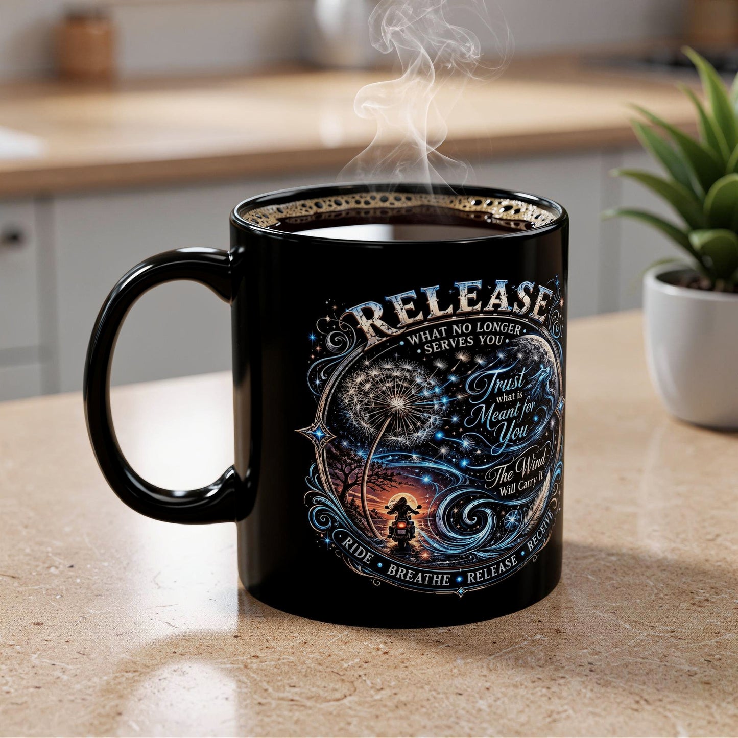 Release Affirmation Mug — Inspirational 'Trust What Is Meant for You' Black Coffee Cup